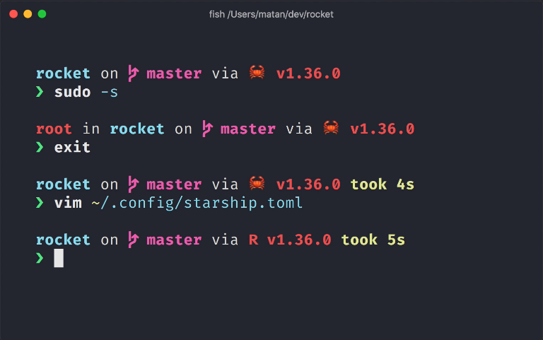 Exemplo de terminal com o starship instalado